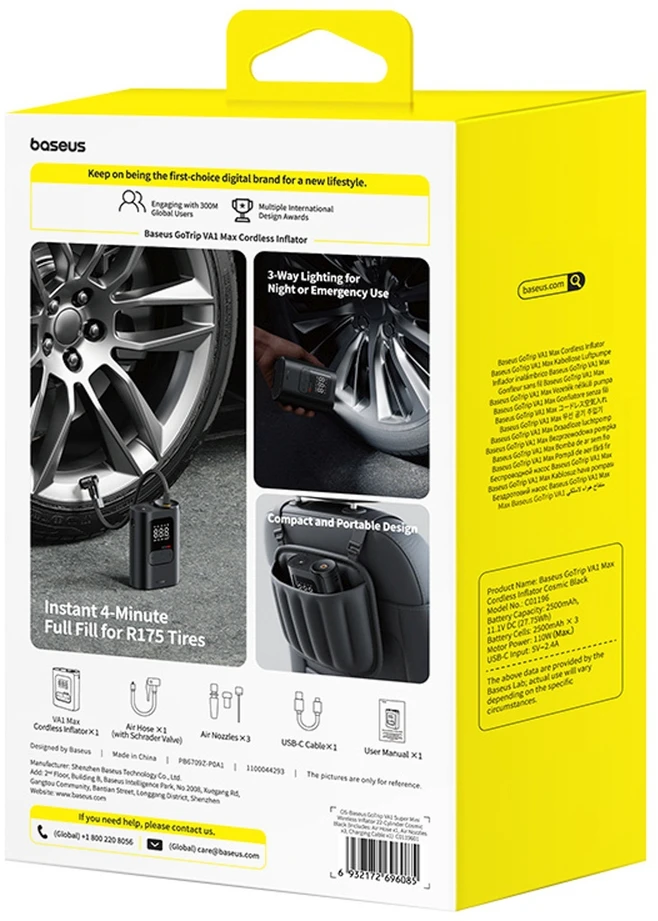 Automobilinis mini kompresorius, max 150 PSI belaidis (su akumuliatoriumi) VA1 GoTrip Dark Gray 2500mAh 11.1V 27.75Wh, Baseus
