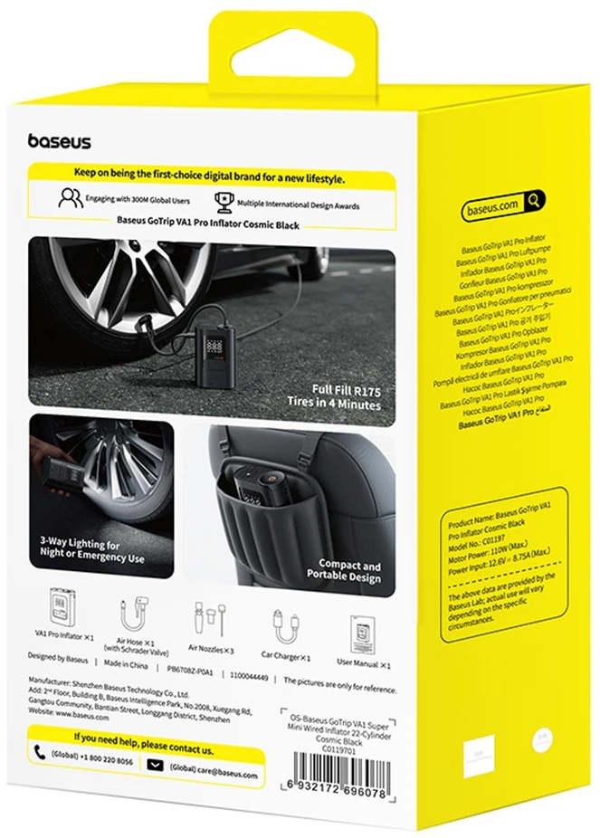 Baseus GoTrip VA1 Automobilinis Kompresorius 150 PSI su 12V Maitinimo Šaltiniu - Tamsiai Pilka