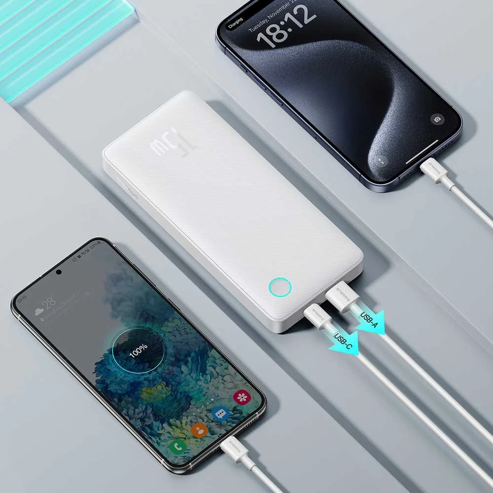 LiPo išorinis akumuliatorius (PowerBank) 10000mAh 15W USB + USB-C Airpow Lite baltas BASEUS