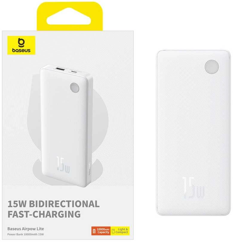 LiPo išorinis akumuliatorius (PowerBank) 10000mAh 15W USB + USB-C Airpow Lite baltas BASEUS