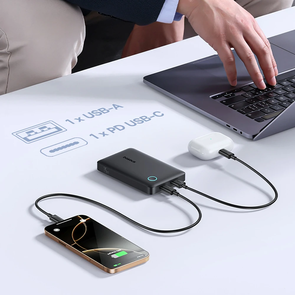 Baseus EnerFill FP11 išorinė baterija (Power Bank) 10000mAh 15W (su juodu Simple USB-C – USB-C 20V/3A 30cm laidu) – juoda
