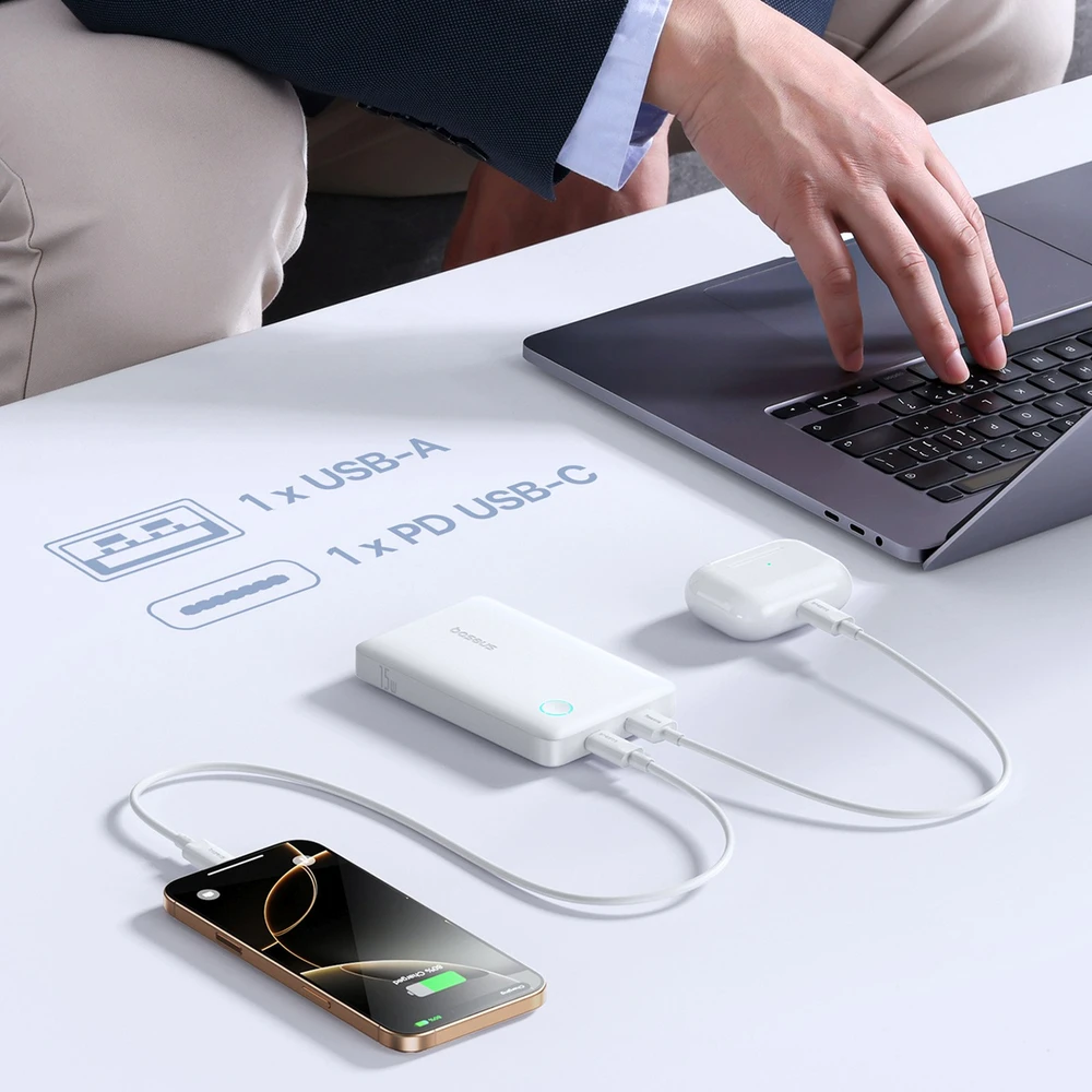 Baseus EnerFill FP11 10000mAh 15W išorinė baterija (power bank) su baltu USB-C laidu 20V/3A 30cm - balta