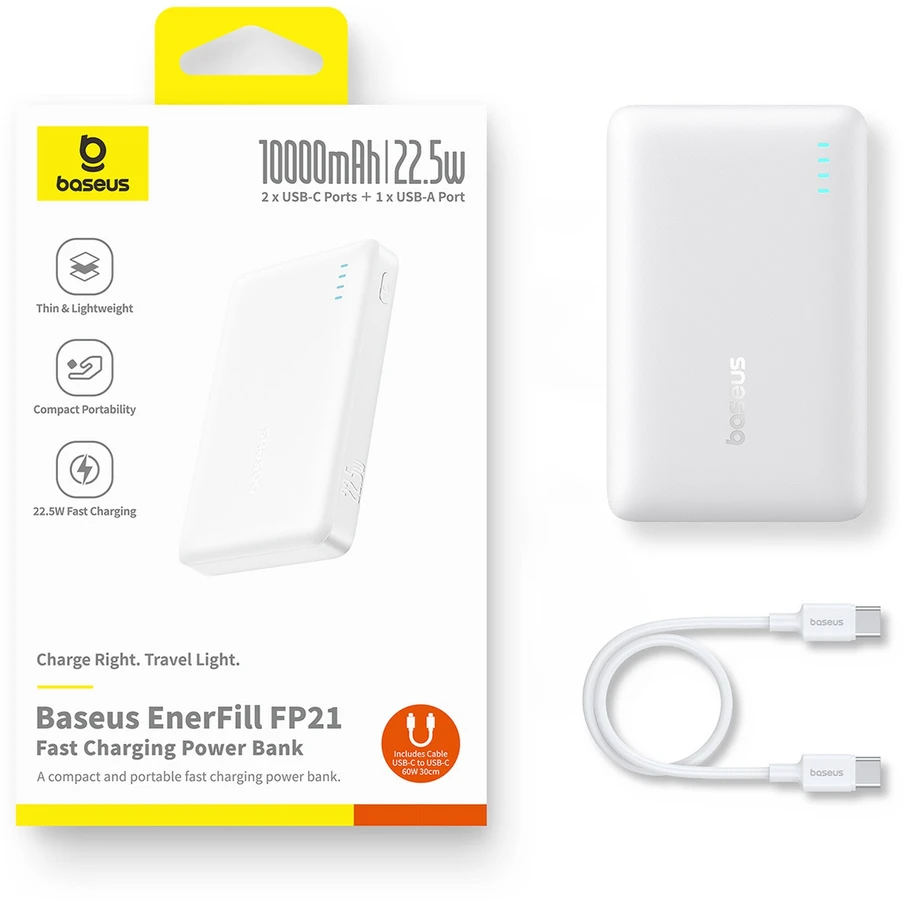 Baseus EnerFill FP21 10000 mAh USB-A USB-C 22.5W balta