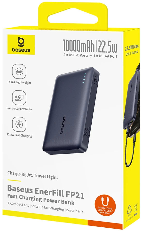 Baseus EnerFill FP21 10000 mAh USB-A USB-C 22.5W juoda