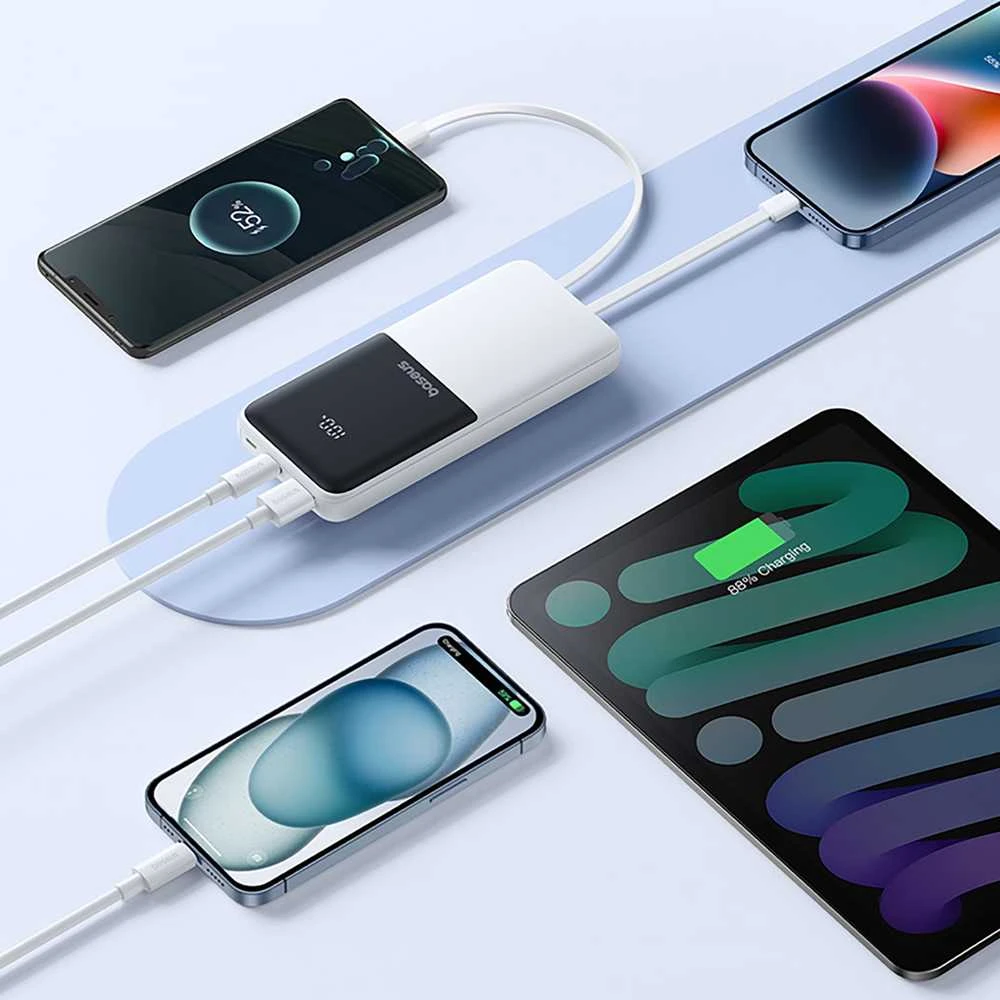 Baseus „A6ac4 Lipow“ 10000mAh 22,5 W išorinė baterija su dviem integruotais laidais (su „A6ac4 Simple USB-A - USB-C 3A 20 cm“ laidu) – balta