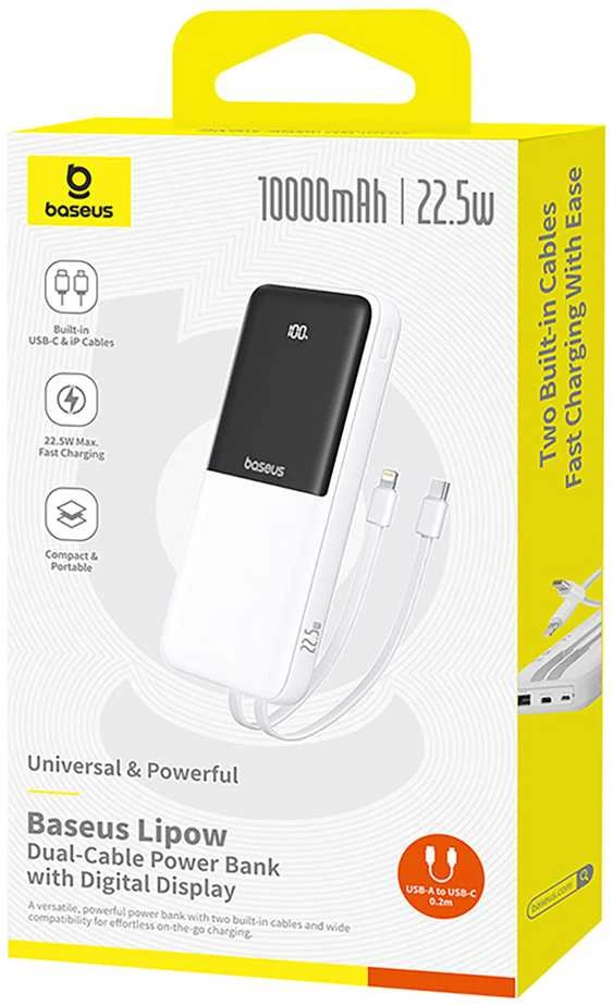 Baseus „A6ac4 Lipow“ 10000mAh 22,5 W išorinė baterija su dviem integruotais laidais (su „A6ac4 Simple USB-A - USB-C 3A 20 cm“ laidu) – balta