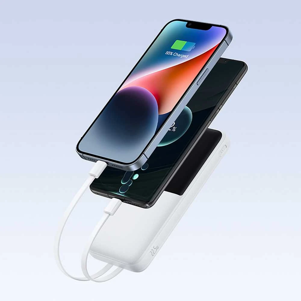 Baseus „A6ac4 Lipow“ 10000mAh 22,5 W išorinė baterija su dviem integruotais laidais (su „A6ac4 Simple USB-A - USB-C 3A 20 cm“ laidu) – balta