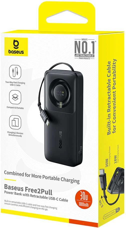 Baseus Free2Pull 10000mAh 30W powerbank su USB-C port and retractable USB-C kabeliu – juodos spalvos
