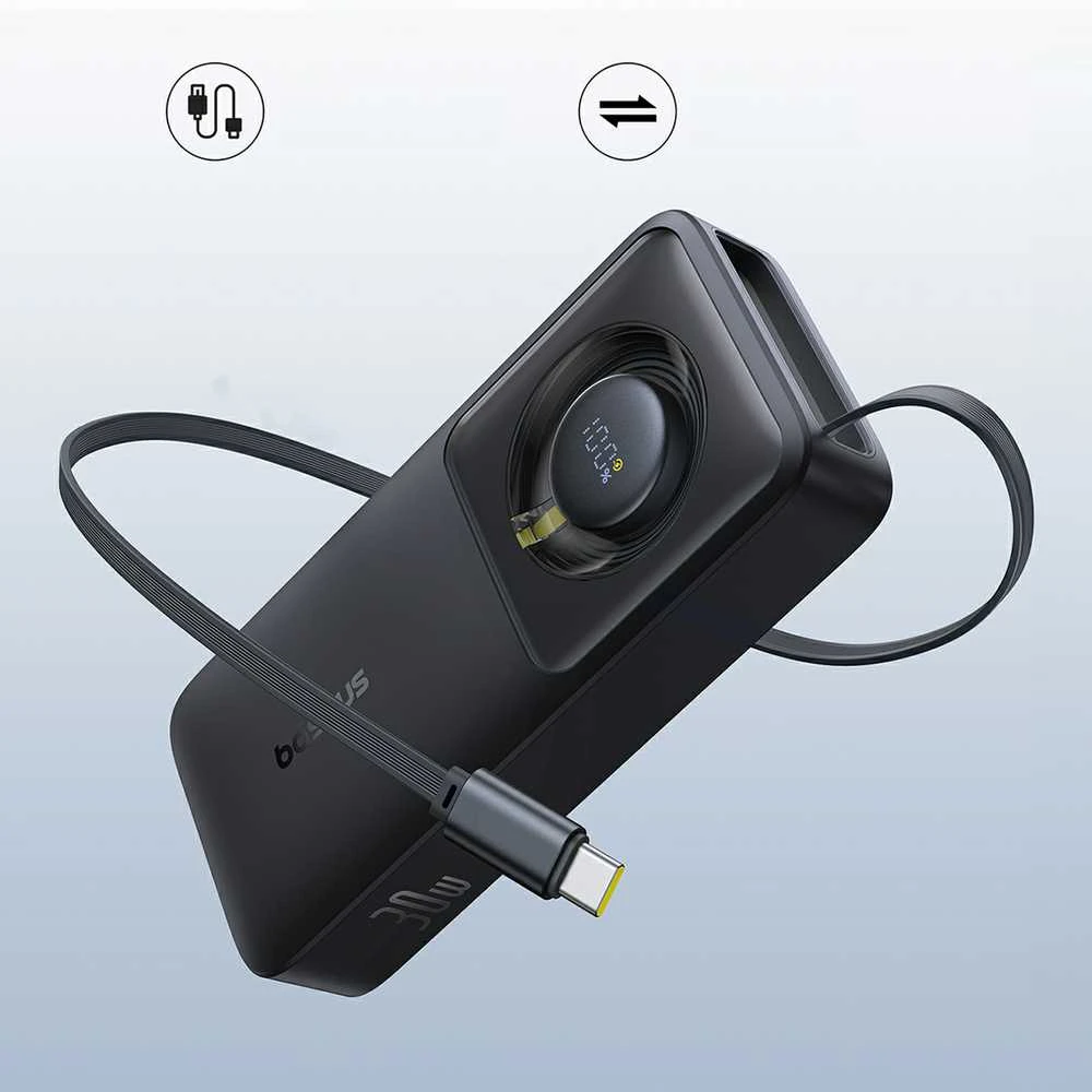 Baseus Free2Pull 10000mAh 30W powerbank su USB-C port and retractable USB-C kabeliu – juodos spalvos