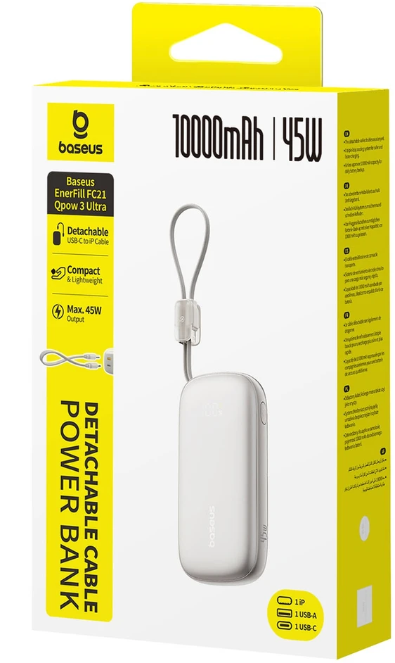 Baseus EnerFill FC21 Qpow 3 Ultra 10000mAh 45W Power Bankas su skaitmeniniu ekranu ir nuimamu USB-C - Lightning kabeliu - Titano