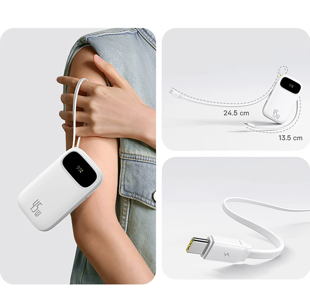Baseus EnerFill FC31 Qpow 3 10000mAh 45W Power Bankas su skaitmeniniu ekranu, USB-C ir Lightning kabeliais - Baltas