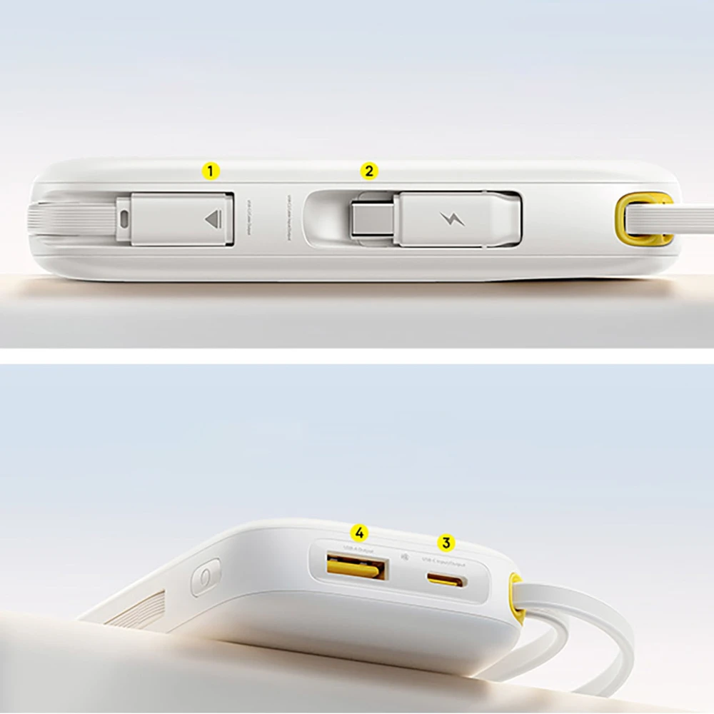Baseus EnerFill FC31 Qpow 3 10000mAh 45W Power Bankas su skaitmeniniu ekranu, USB-C ir Lightning kabeliais - Baltas