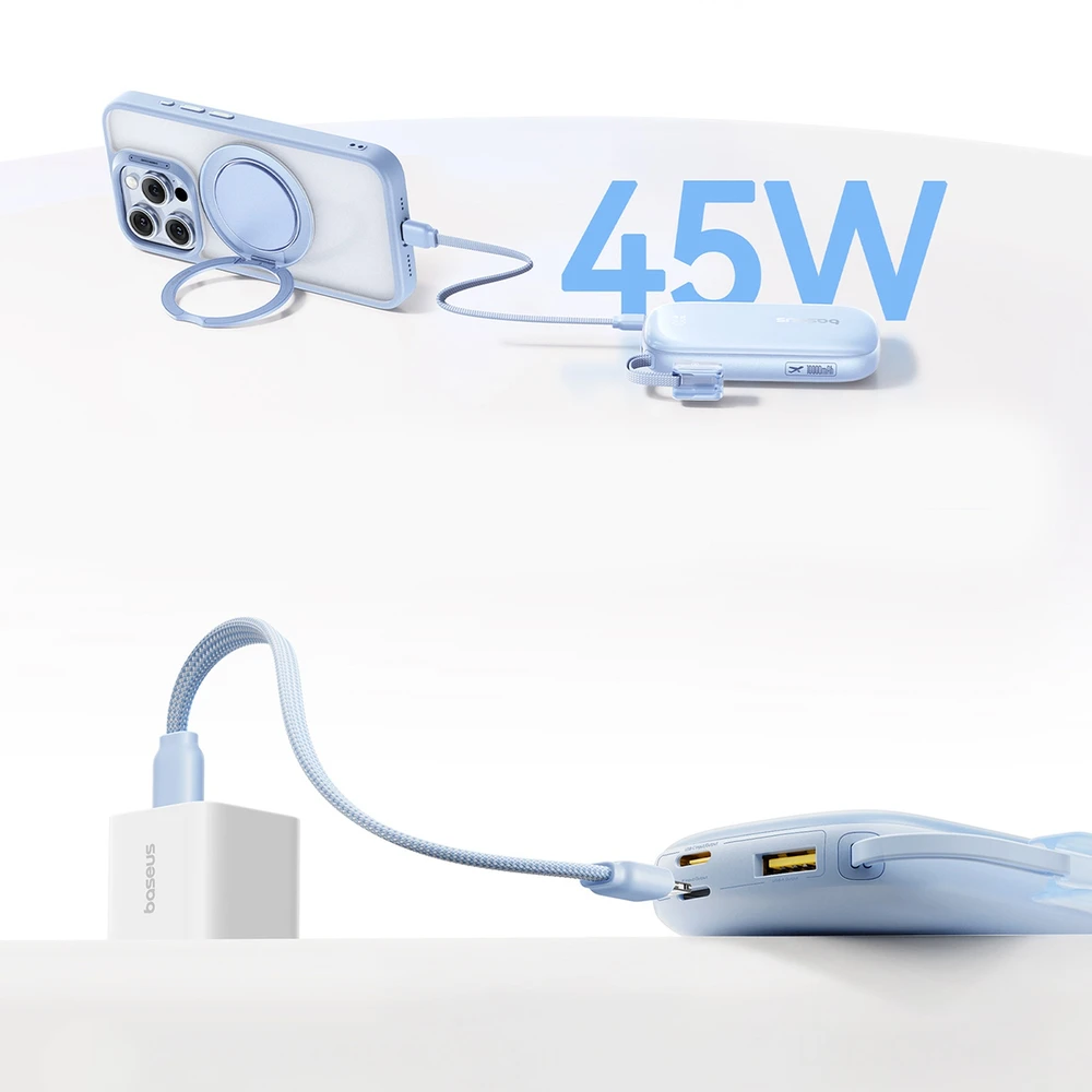 Baseus EnerFill FC21 Qpow 3 Ultra 10000mAh 45W išorinė baterija su nuimamu USB-C / Lightning laidu – mėlyna