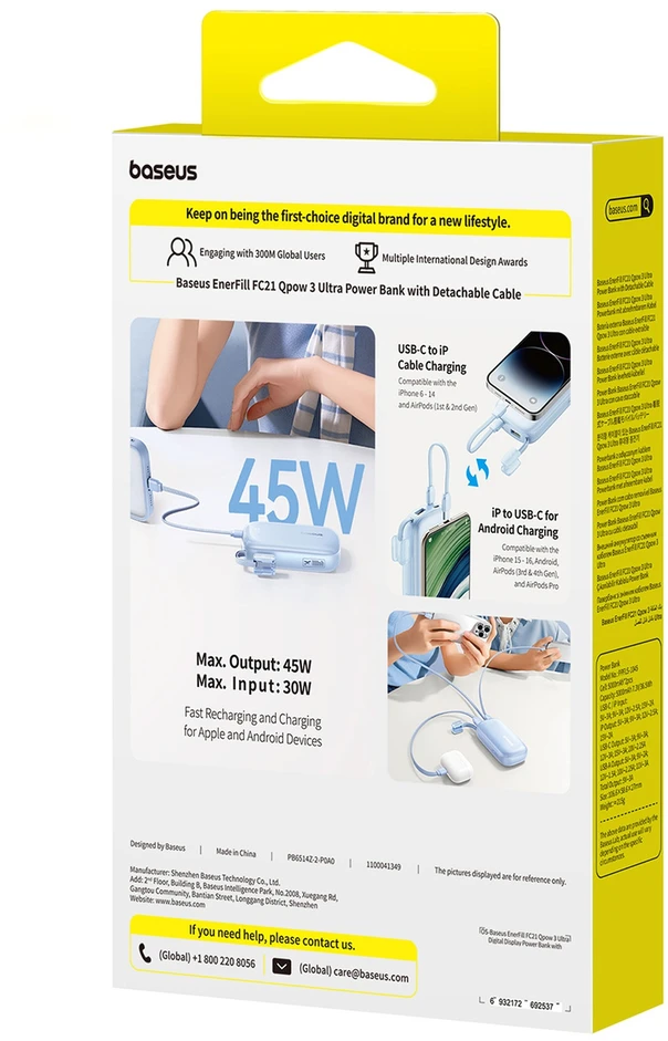 Baseus EnerFill FC21 Qpow 3 Ultra 10000mAh 45W išorinė baterija su nuimamu USB-C / Lightning laidu – mėlyna