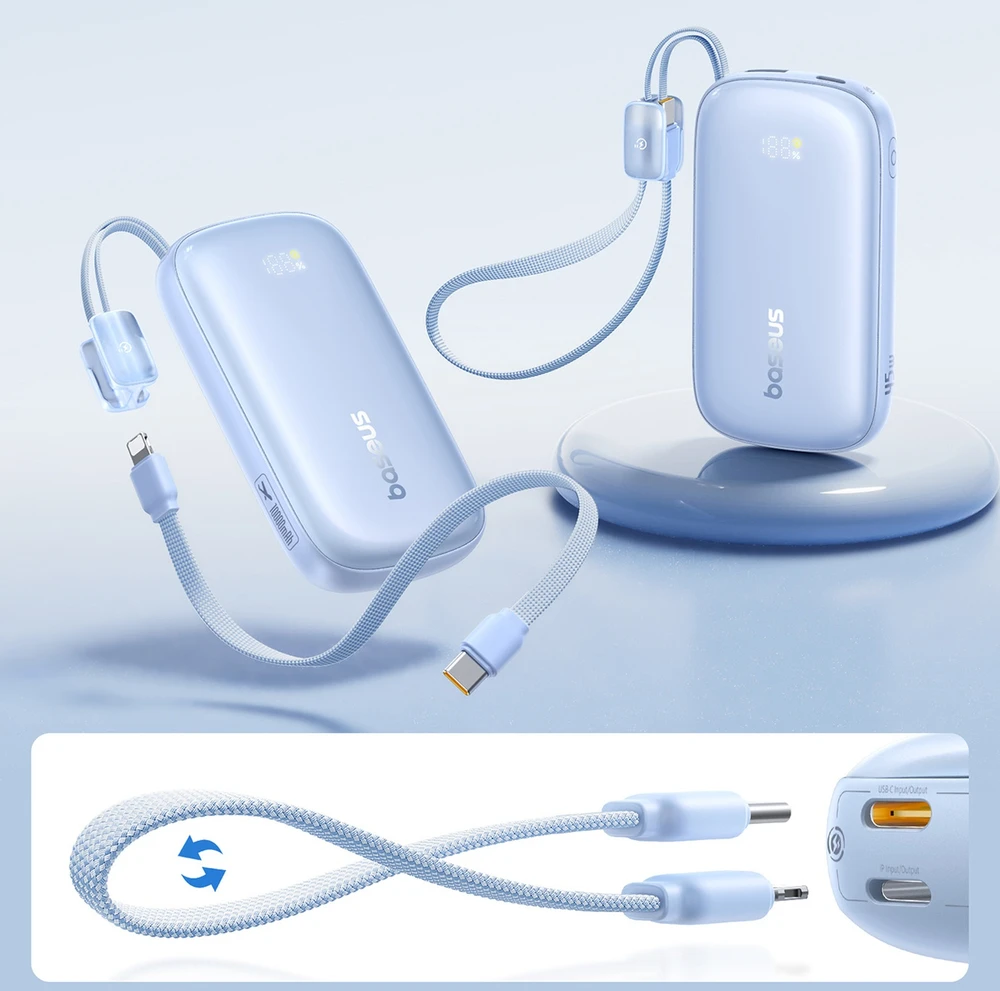 Baseus EnerFill FC21 Qpow 3 Ultra 10000mAh 45W išorinė baterija su nuimamu USB-C / Lightning laidu – mėlyna