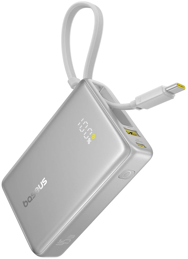 Baseus PicoGo 10 000 mAh 45 W išorinė baterija su skaitmeniniu ekranu ir integruotu USB-C laidu – titano spalvos