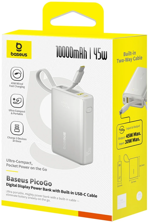 Baseus PicoGo 10 000 mAh 45 W išorinė baterija su skaitmeniniu ekranu ir integruotu USB-C laidu – titano spalvos