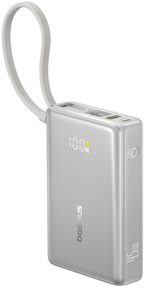 Baseus PicoGo 10 000 mAh 45 W išorinė baterija su skaitmeniniu ekranu ir integruotu USB-C laidu – titano spalvos