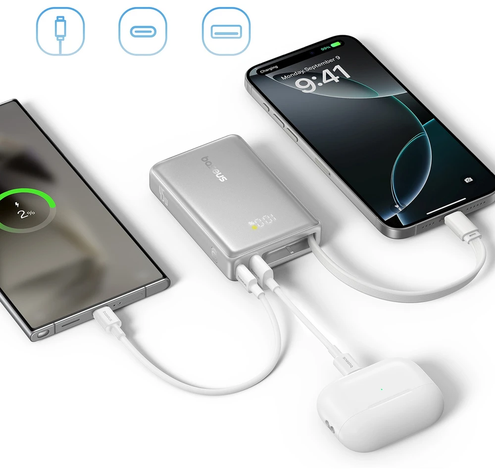 Baseus PicoGo 10 000 mAh 45 W išorinė baterija su skaitmeniniu ekranu ir integruotu USB-C laidu – titano spalvos