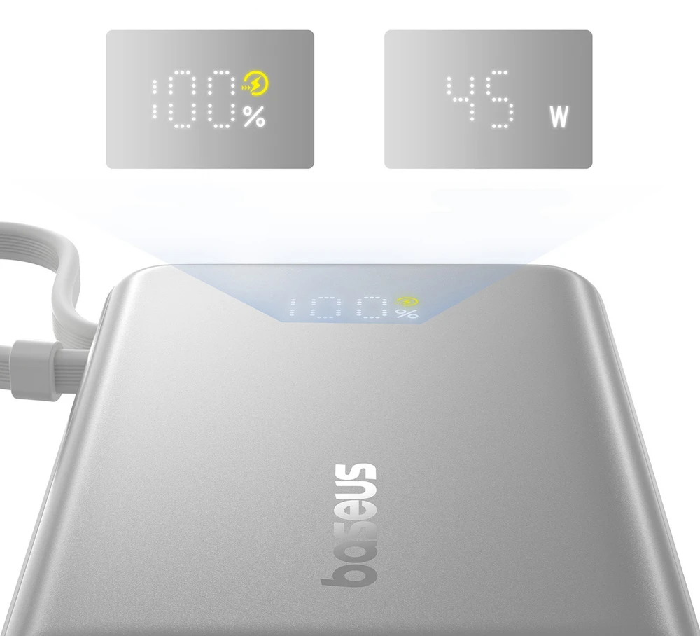 Baseus PicoGo 10 000 mAh 45 W išorinė baterija su skaitmeniniu ekranu ir integruotu USB-C laidu – titano spalvos