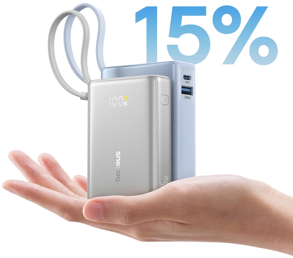 Baseus PicoGo 10 000 mAh 45 W išorinė baterija su skaitmeniniu ekranu ir integruotu USB-C laidu – titano spalvos