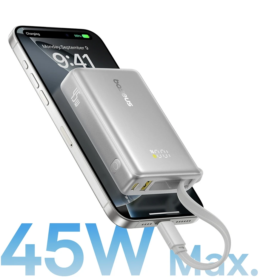 Baseus PicoGo 10 000 mAh 45 W išorinė baterija su skaitmeniniu ekranu ir integruotu USB-C laidu – titano spalvos