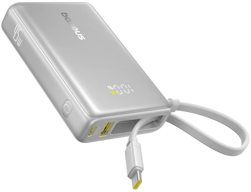 Baseus PicoGo 10 000 mAh 45 W išorinė baterija su skaitmeniniu ekranu ir integruotu USB-C laidu – titano spalvos