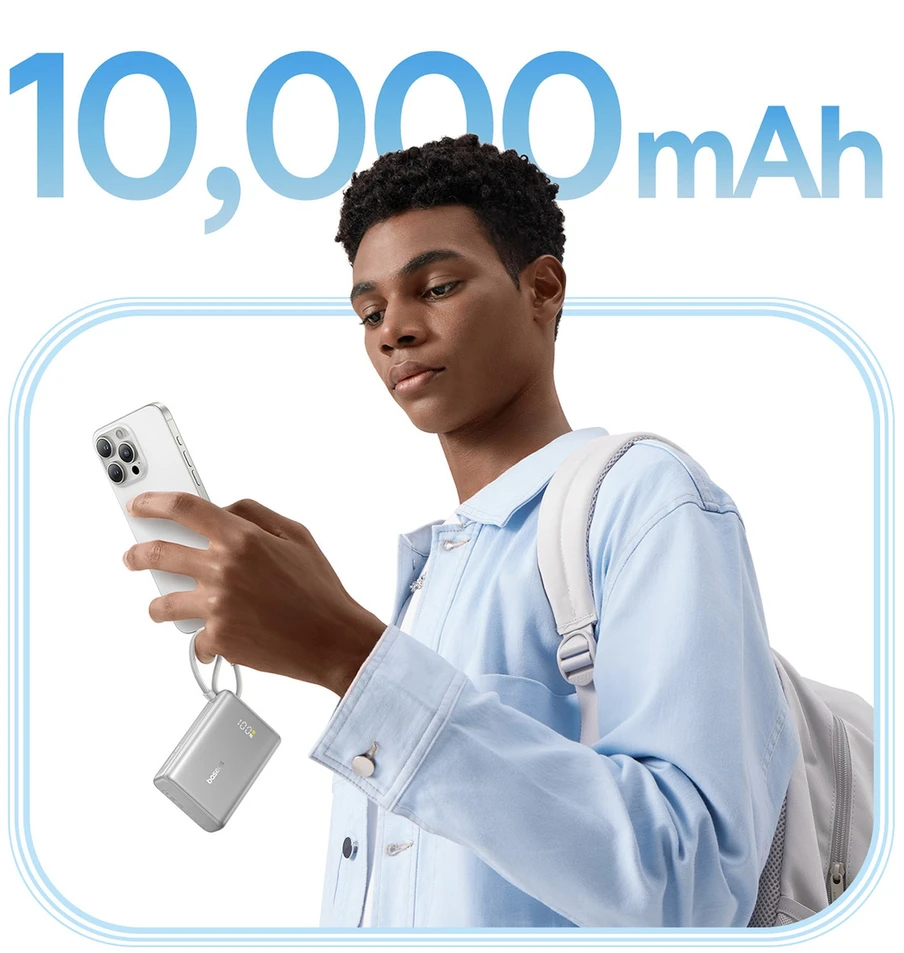 Baseus PicoGo 10 000 mAh 45 W išorinė baterija su skaitmeniniu ekranu ir integruotu USB-C laidu – titano spalvos