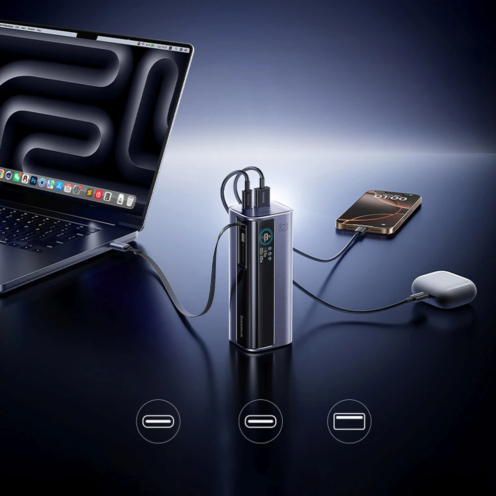 LiPo išorinis akumuliatorius (Powerbank) 10000mAh 100W, su įmontuotu USB-C kabeliu, USB-A, USB-C pilkas EnerGeek GR11 BASEUS