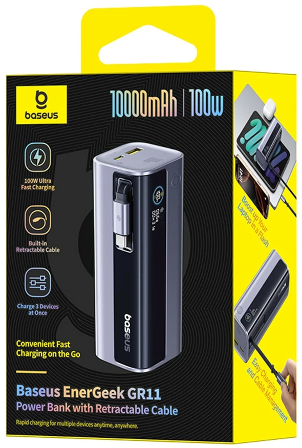 LiPo išorinis akumuliatorius (Powerbank) 10000mAh 100W, su įmontuotu USB-C kabeliu, USB-A, USB-C pilkas EnerGeek GR11 BASEUS