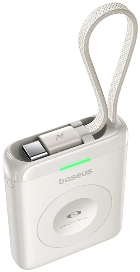 „Baseus EnerFill FW11“ išorinė baterija, 1640 mAh, 5W, skirta „Apple Watch“ su integruotu laidu - balta