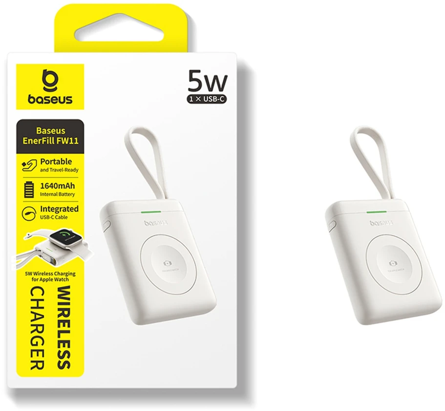 „Baseus EnerFill FW11“ išorinė baterija, 1640 mAh, 5W, skirta „Apple Watch“ su integruotu laidu - balta