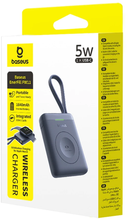 „Baseus EnerFill FW11“ išorinė baterija 1640 mAh 5W, skirta „Apple Watch“ su integruotu laidu - juoda