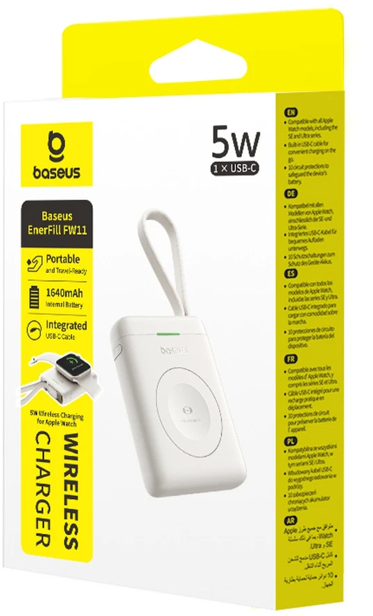 „Baseus EnerFill FW11“ išorinė baterija, 1640 mAh, 5W, skirta „Apple Watch“ su integruotu laidu - balta