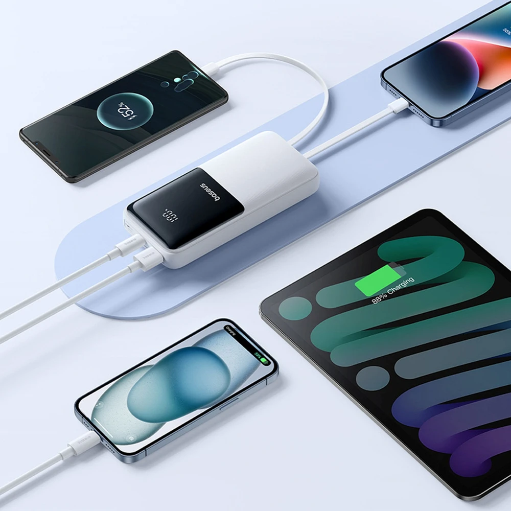 Baseus Lipow 20000mAh 22.5W išorinė baterija su dviem integruotais laidais ir papildomu Baseus Simple USB-A - USB-C 3A 20cm laidu - baltas
