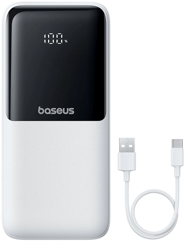 Baseus Lipow 20000mAh 22.5W išorinė baterija su dviem integruotais laidais ir papildomu Baseus Simple USB-A - USB-C 3A 20cm laidu - baltas