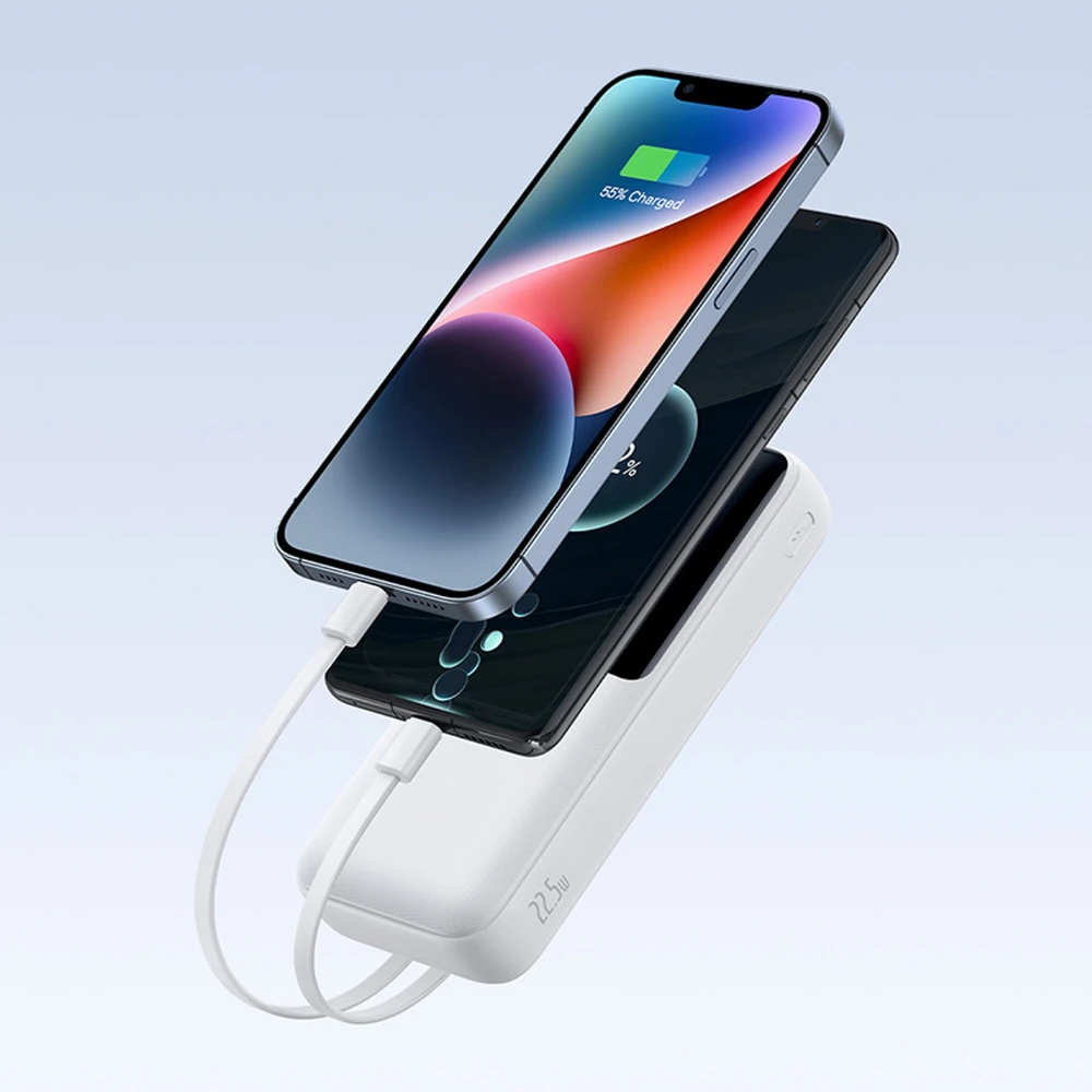 Baseus Lipow 20000mAh 22.5W išorinė baterija su dviem integruotais laidais ir papildomu Baseus Simple USB-A - USB-C 3A 20cm laidu - baltas