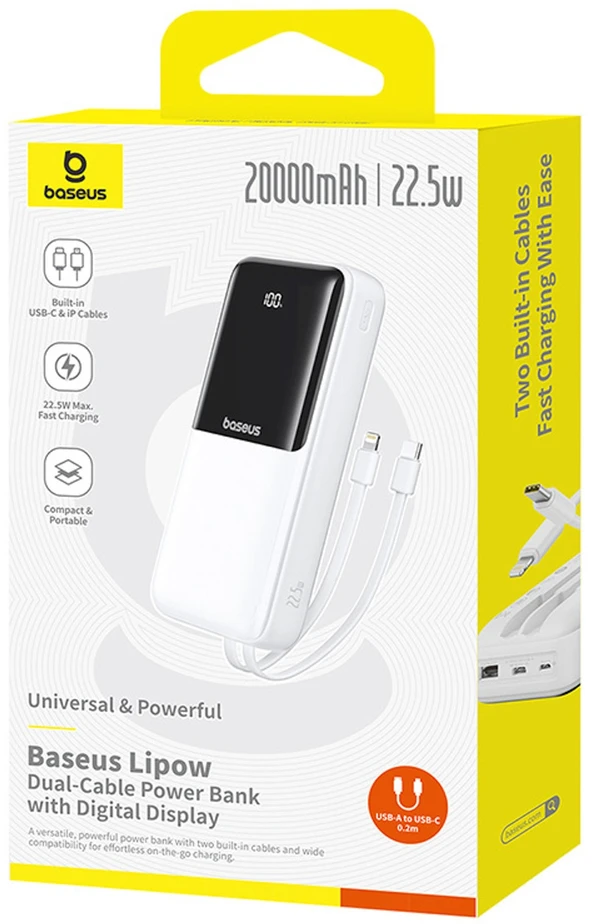 Baseus Lipow 20000mAh 22.5W išorinė baterija su dviem integruotais laidais ir papildomu Baseus Simple USB-A - USB-C 3A 20cm laidu - baltas