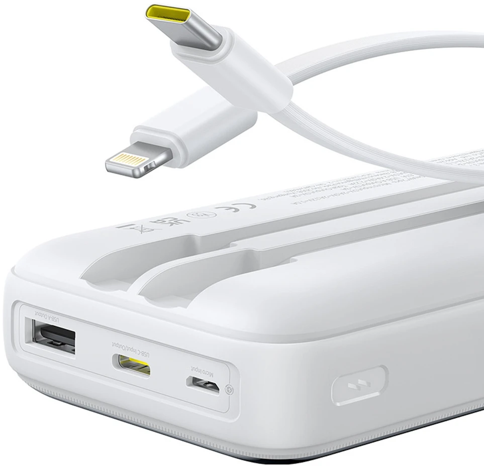 Baseus Lipow 20000mAh 22.5W išorinė baterija su dviem integruotais laidais ir papildomu Baseus Simple USB-A - USB-C 3A 20cm laidu - baltas