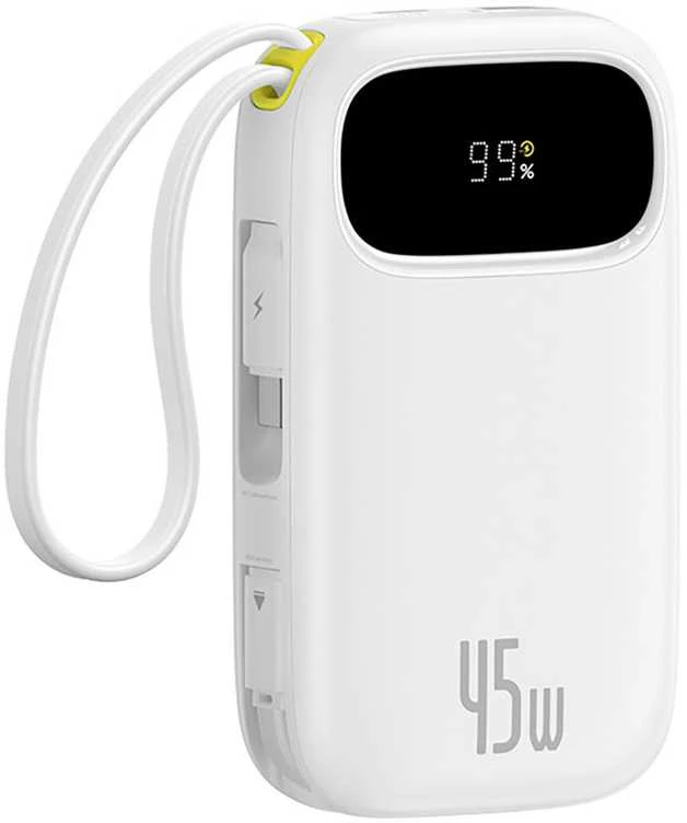 Baseus „EnerFill FC31“ 20000mAh 45W išorinė baterija su skaitmeniniu ekranu ir 2 integruotais laidais (USB-C + „Lightning“) – balta