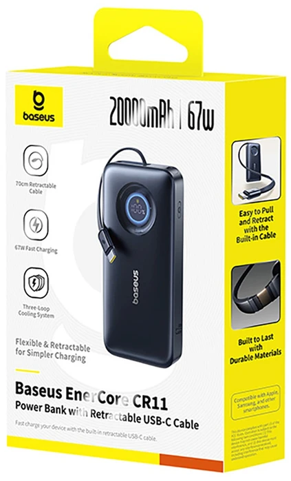 LiPo išorinis akumuliatorius (PowerBank) 20000mAh 67W su sutraukiamu kabeliu EnerCore CR11 BASEUS