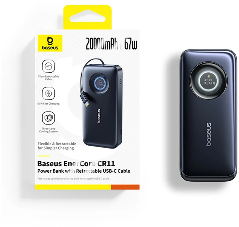 LiPo išorinis akumuliatorius (PowerBank) 20000mAh 67W su sutraukiamu kabeliu EnerCore CR11 BASEUS