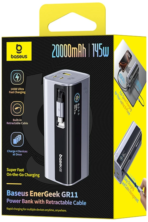 LiPo išorinis akumuliatorius (Powerbank) 20000mAh 145W, su įmontuotu USB-C kabeliu, USB-A, USB-C pilkas EnerGeek GR11 BASEUS
