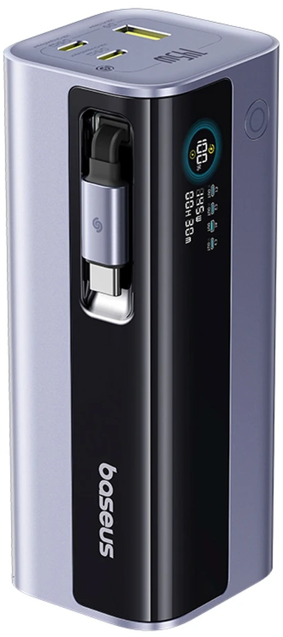 LiPo išorinis akumuliatorius (Powerbank) 20000mAh 145W, su įmontuotu USB-C kabeliu, USB-A, USB-C pilkas EnerGeek GR11 BASEUS
