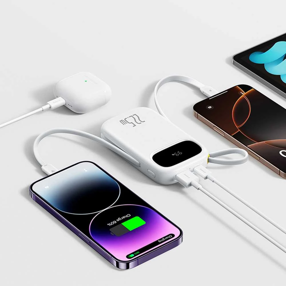 Baseus EnerFill FC31 10000mAh 22.5W Powerbank su skaitmeniniu ekranėliu ir 2 integruotais kabeliais – Balta