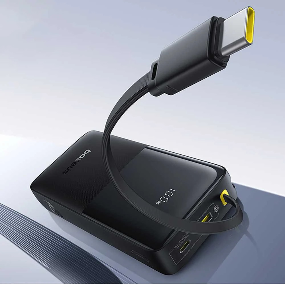 LiPo išorinis akumuliatorius (Powerbank) 20000mAh 20W, su įmontuotu USB-C kabeliu, USB-A, USB-C Bipow2 Juodas BASEUS