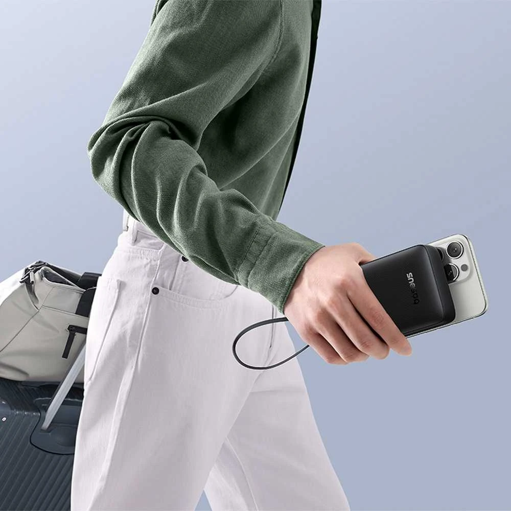 LiPo išorinis akumuliatorius (Powerbank) 20000mAh 20W, su įmontuotu USB-C kabeliu, USB-A, USB-C Bipow2 Juodas BASEUS