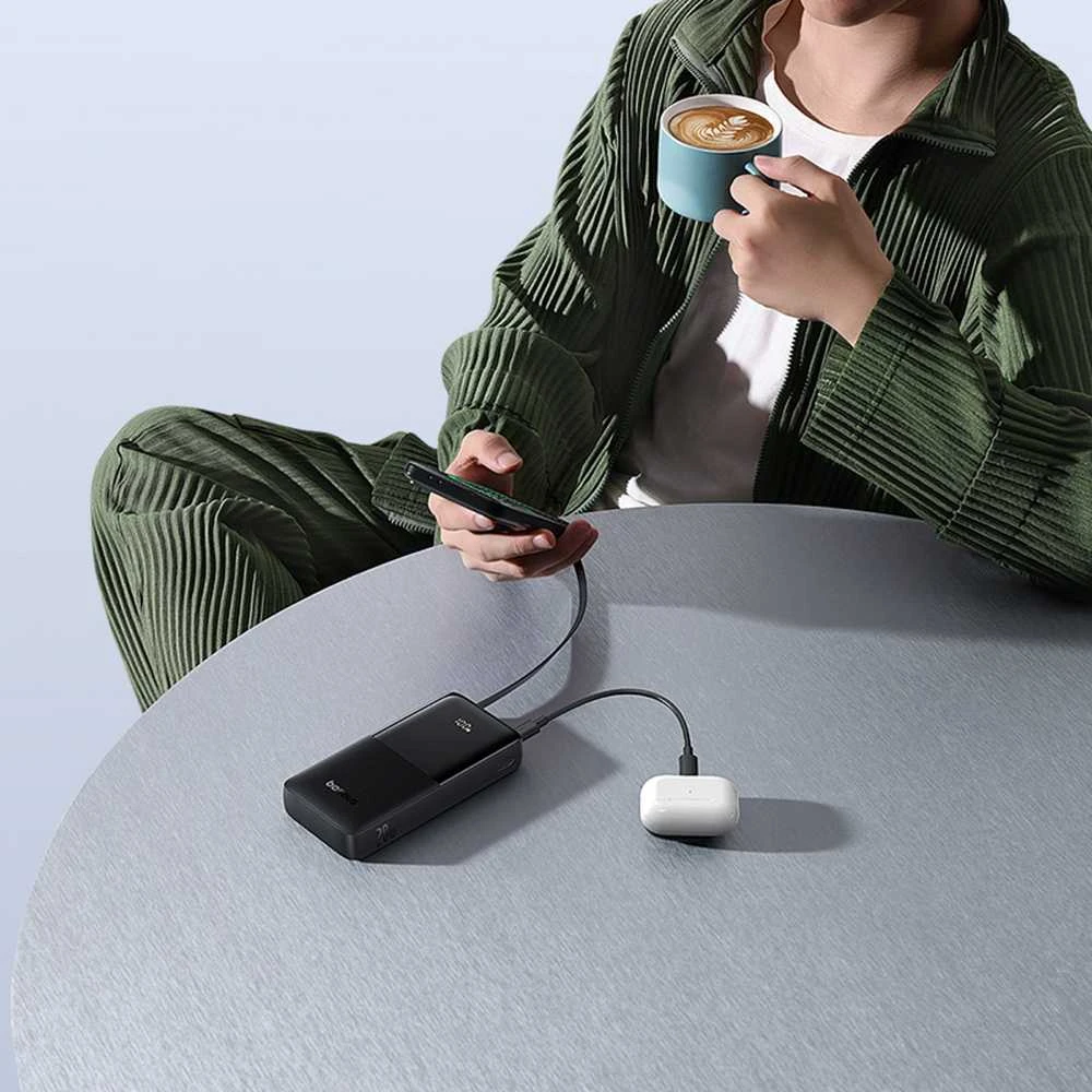 LiPo išorinis akumuliatorius (Powerbank) 20000mAh 20W, su įmontuotu USB-C kabeliu, USB-A, USB-C Bipow2 Juodas BASEUS