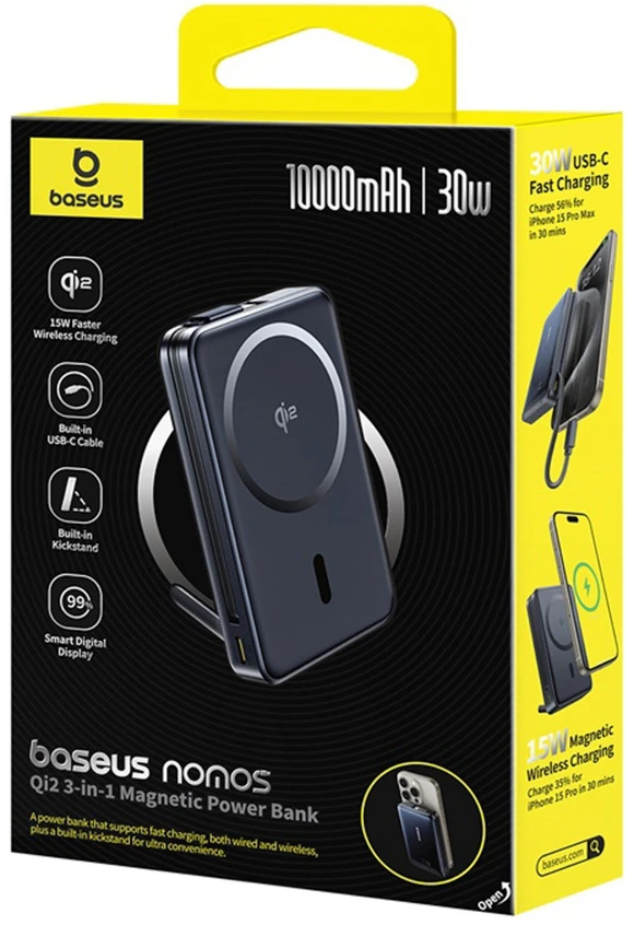 Baseus Nomos 10000mAh 30W Qi2 Power Bank su MagSafe suderinamu stoveliu ir integruotu USB-C kabeliu - juodas
