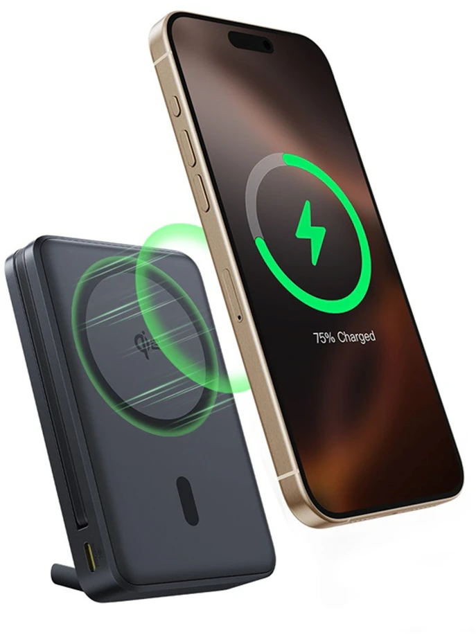 Baseus Nomos 10000mAh 30W Qi2 Power Bank su MagSafe suderinamu stoveliu ir integruotu USB-C kabeliu - juodas